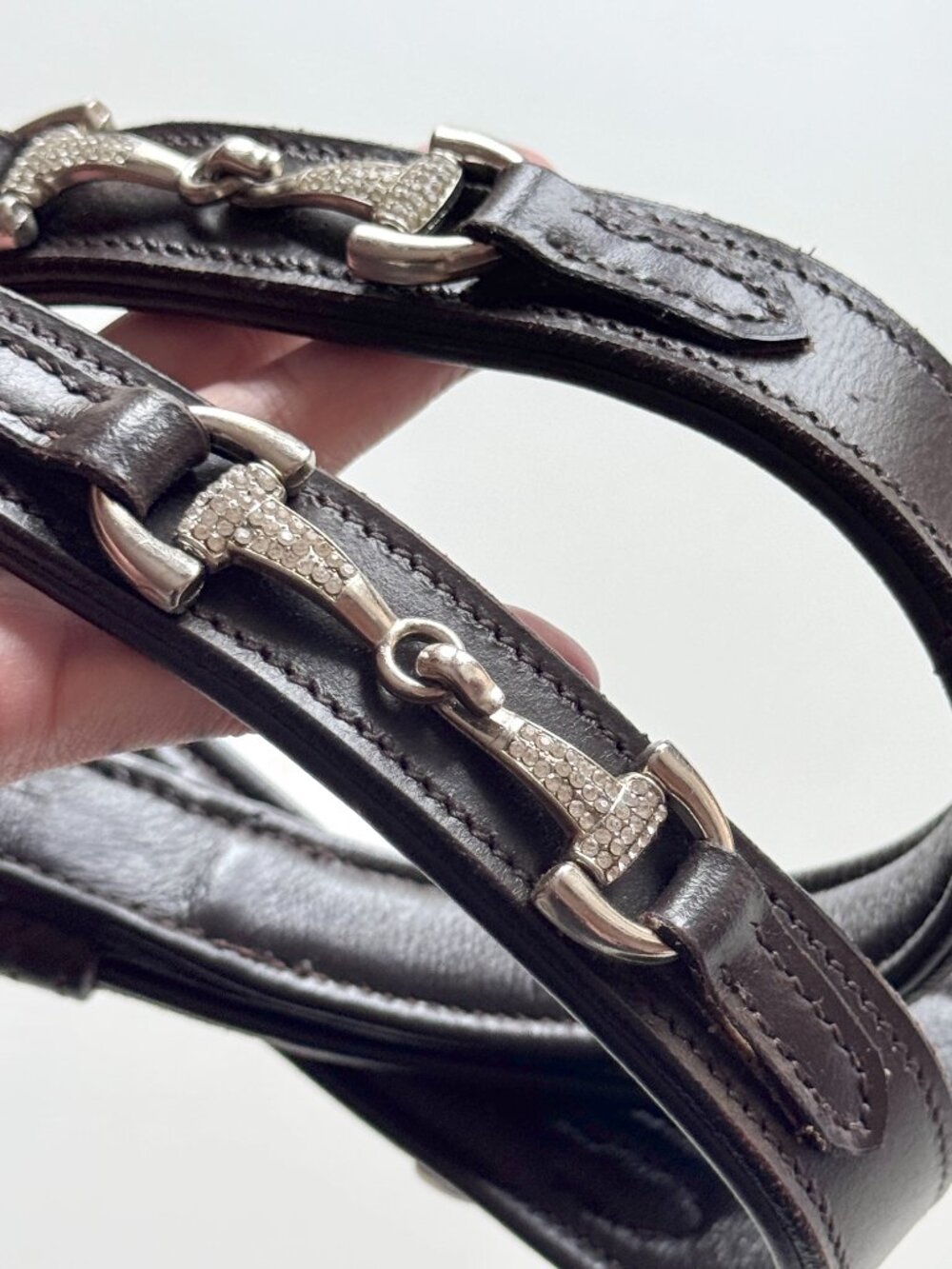 Unbranded Dark Brown Leather Crystal Rhinestone Horsebit Buckle Belt, Size M - Picture 4 of 14
